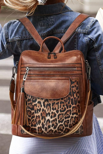 Coffee Leopard Patchwork PU Leather Functional Backpack