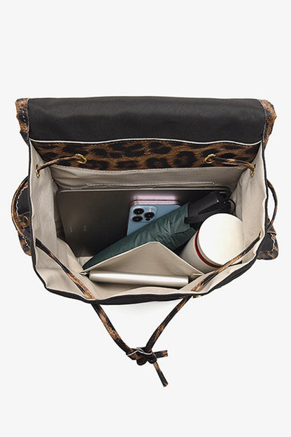 White Leopard Patchwork Flap PU Leather Large Backpack