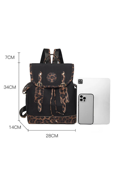 White Leopard Patchwork Flap PU Leather Large Backpack