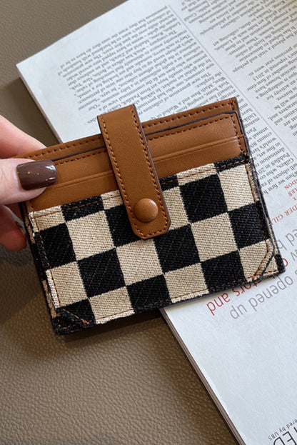 Coffee Leather Checkered Canvas Patchwork Card Storage Wallet