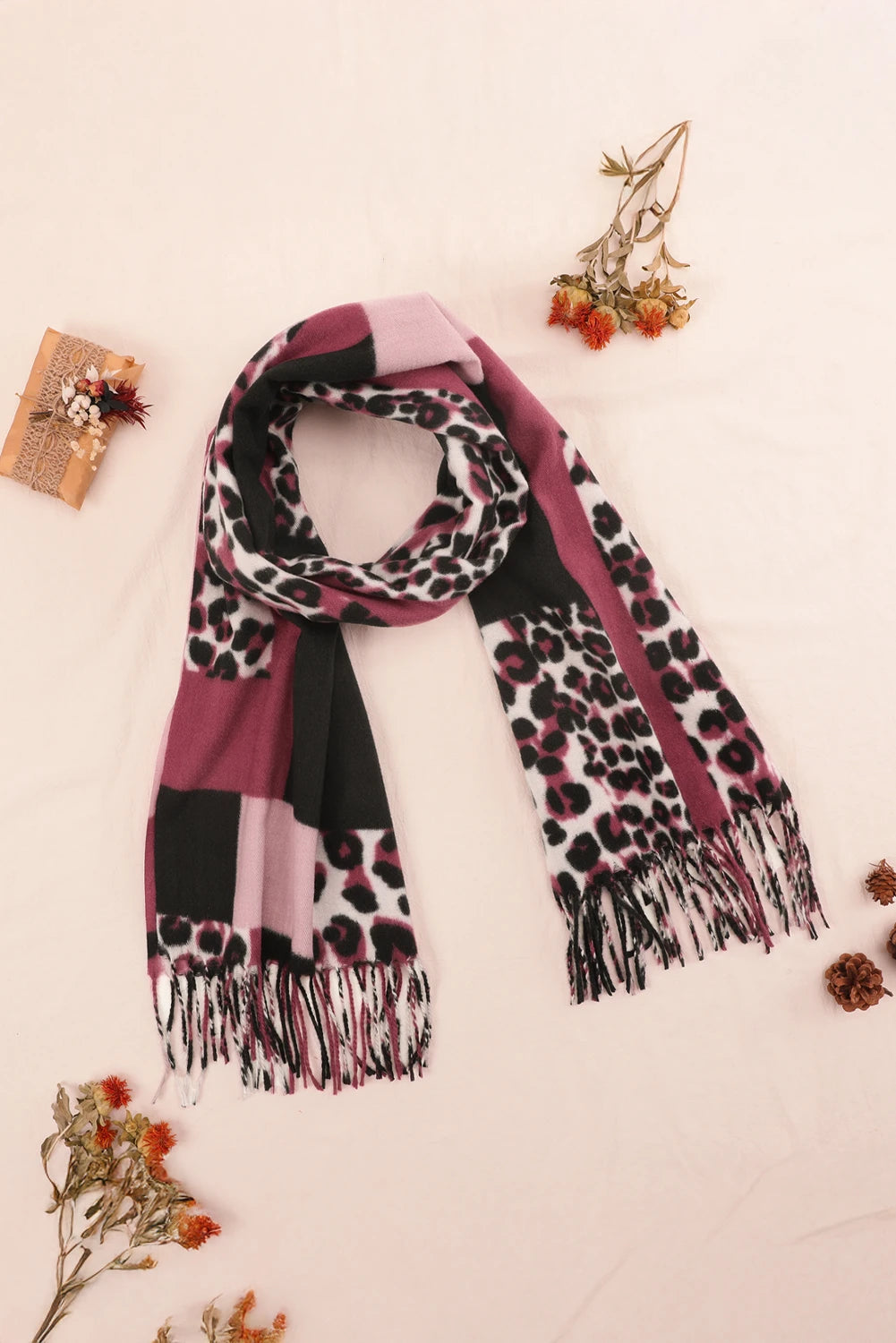 Rose Red Leopard Color Block Print Tassel Trim Terylene Scarf