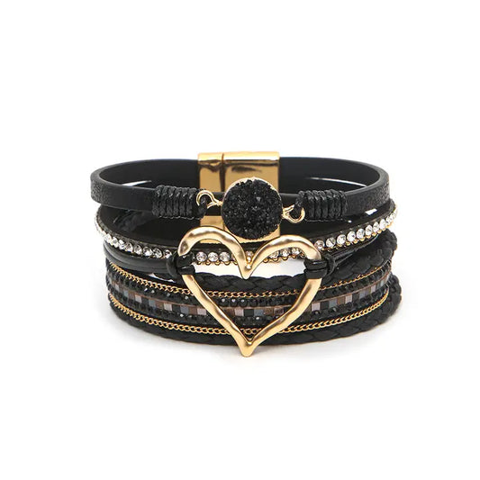 Black Boho Heart Rhinestone Magnetic Wrap Bracelet