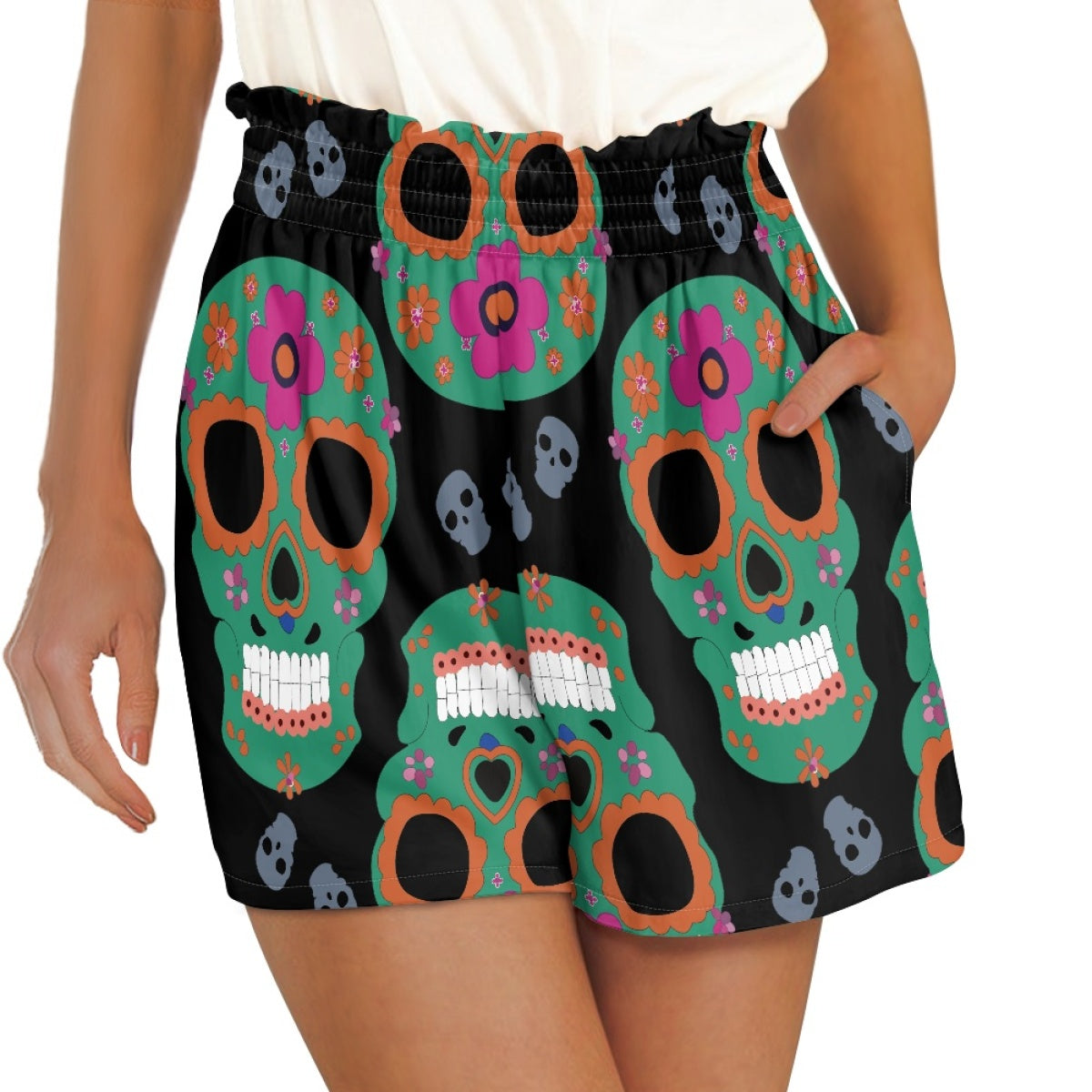 Multicolor Flower Skull High Waist Loose Shorts