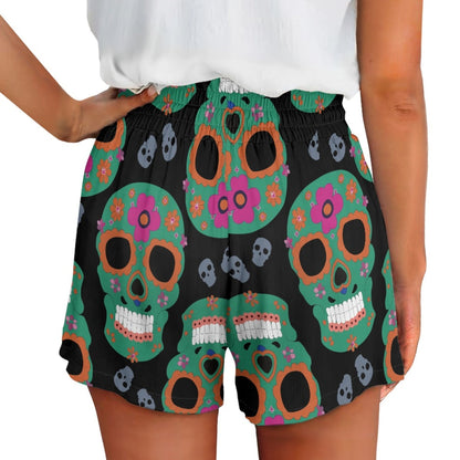 Multicolor Flower Skull High Waist Loose Shorts