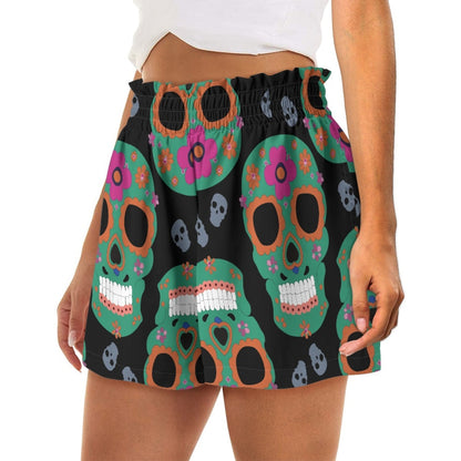 Multicolor Flower Skull High Waist Loose Shorts