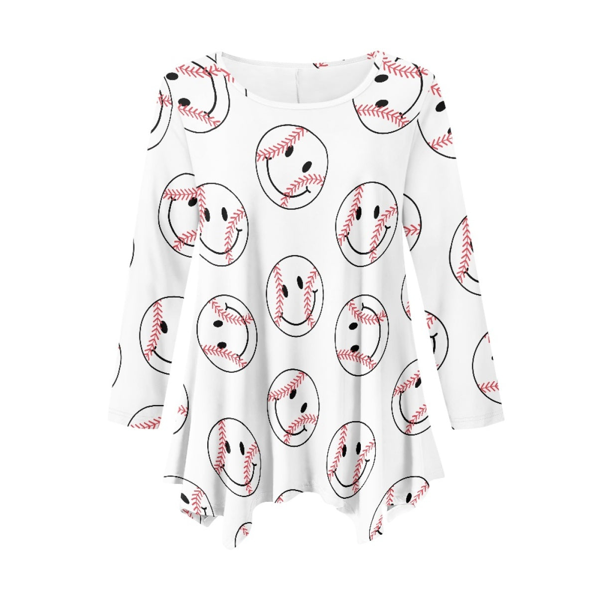 Smiley Baseball Irregular Long Sleeve Top in White