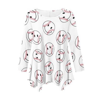 Smiley Baseball Irregular Long Sleeve Top in White
