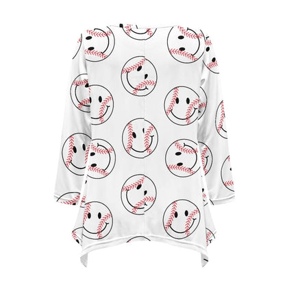 Smiley Baseball Irregular Long Sleeve Top in White