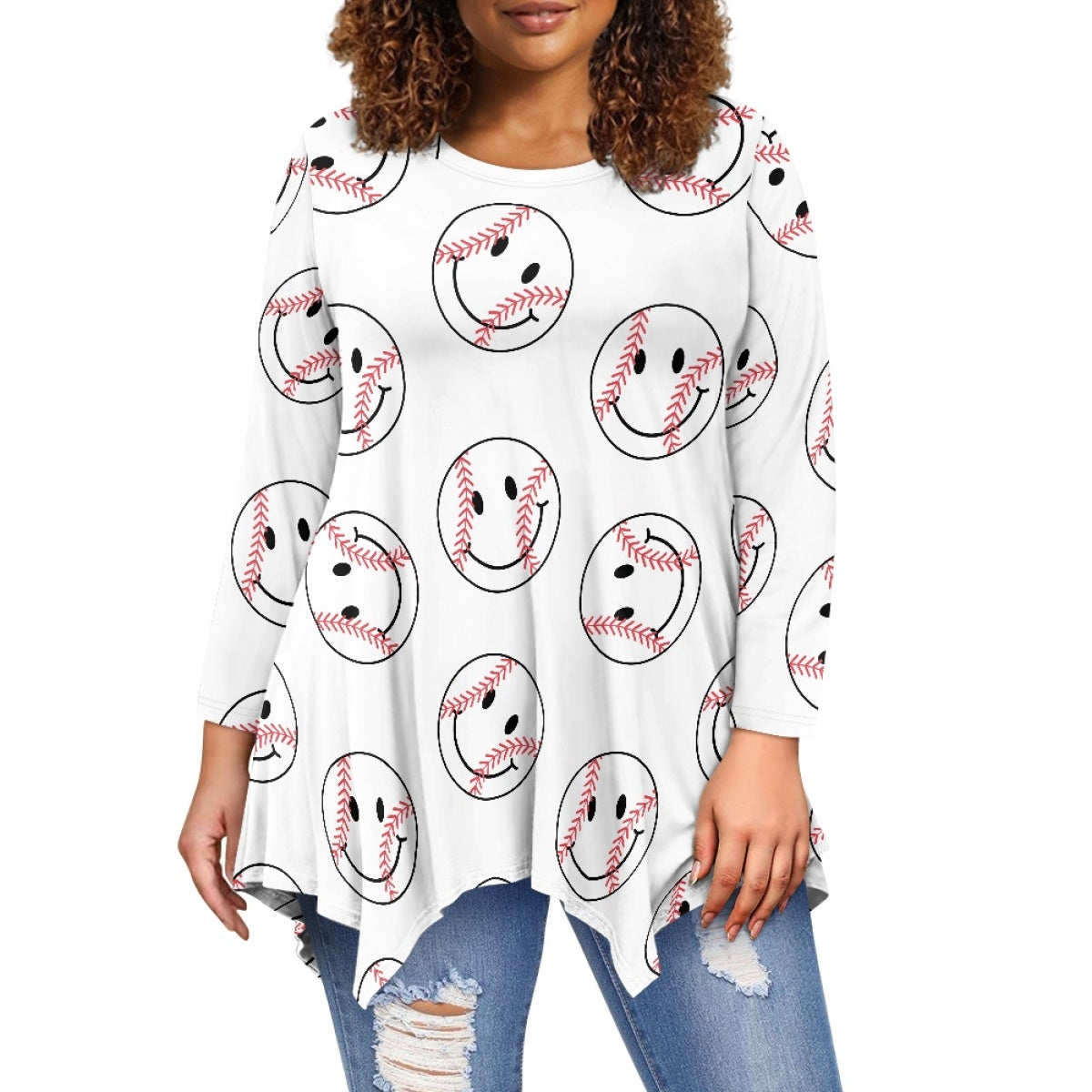 Smiley Baseball Irregular Long Sleeve Top in White