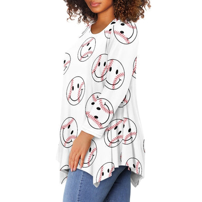 Smiley Baseball Irregular Long Sleeve Top in White