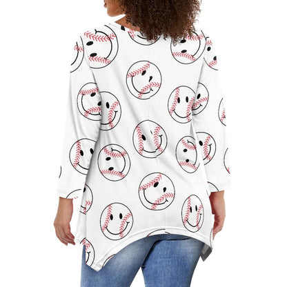 Smiley Baseball Irregular Long Sleeve Top in White