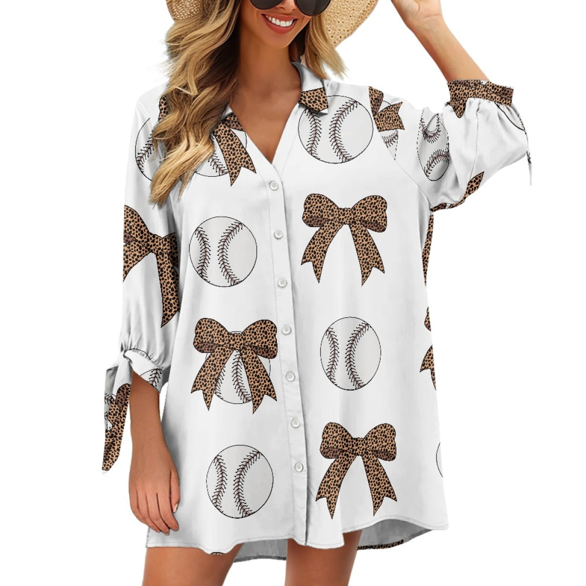 Leopard Bow Baseball Seven Sleeve Cardigan Shirt on White Background