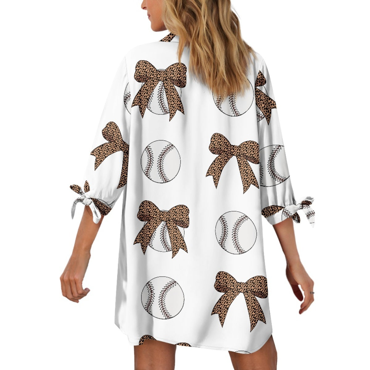 Leopard Bow Baseball Seven Sleeve Cardigan Shirt on White Background