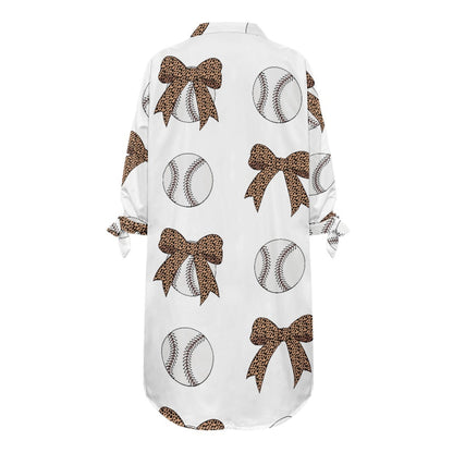 Leopard Bow Baseball Seven Sleeve Cardigan Shirt on White Background