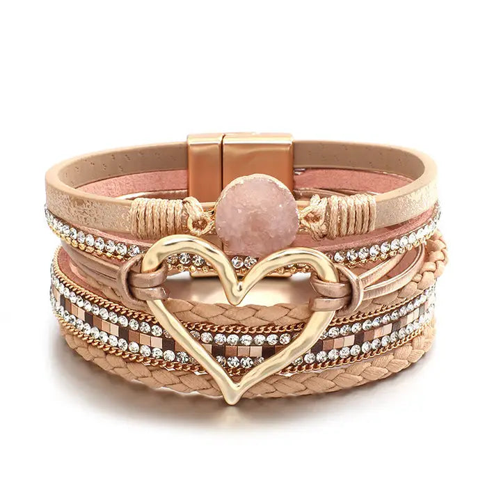 Beige Boho Rhinestone Heart Charm Layered Wrap Bracelet