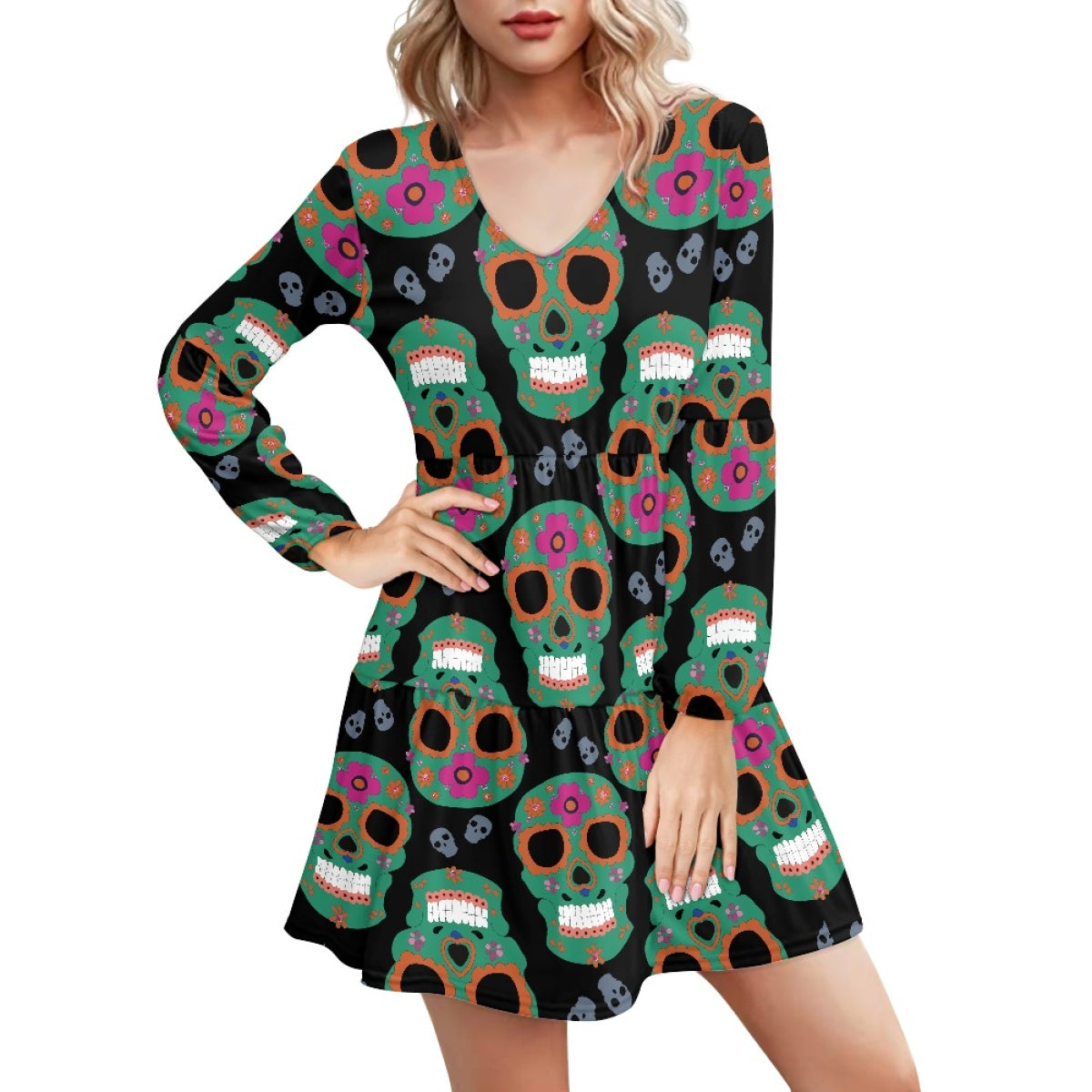 Skull Long Sleeve Dress with Black Background