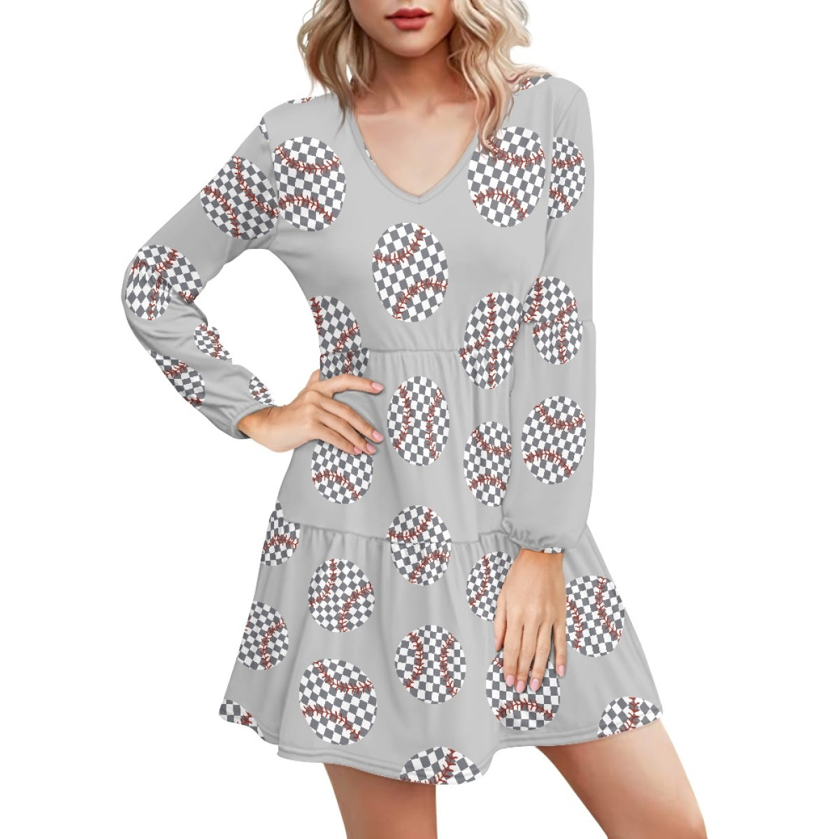 Plaid Baseball Long Sleeve Dress with Gray Background