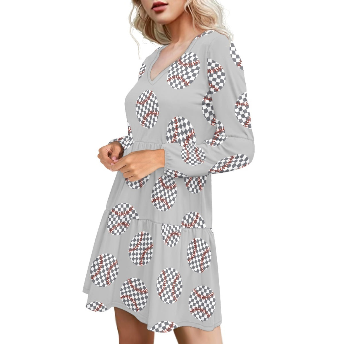 Plaid Baseball Long Sleeve Dress with Gray Background