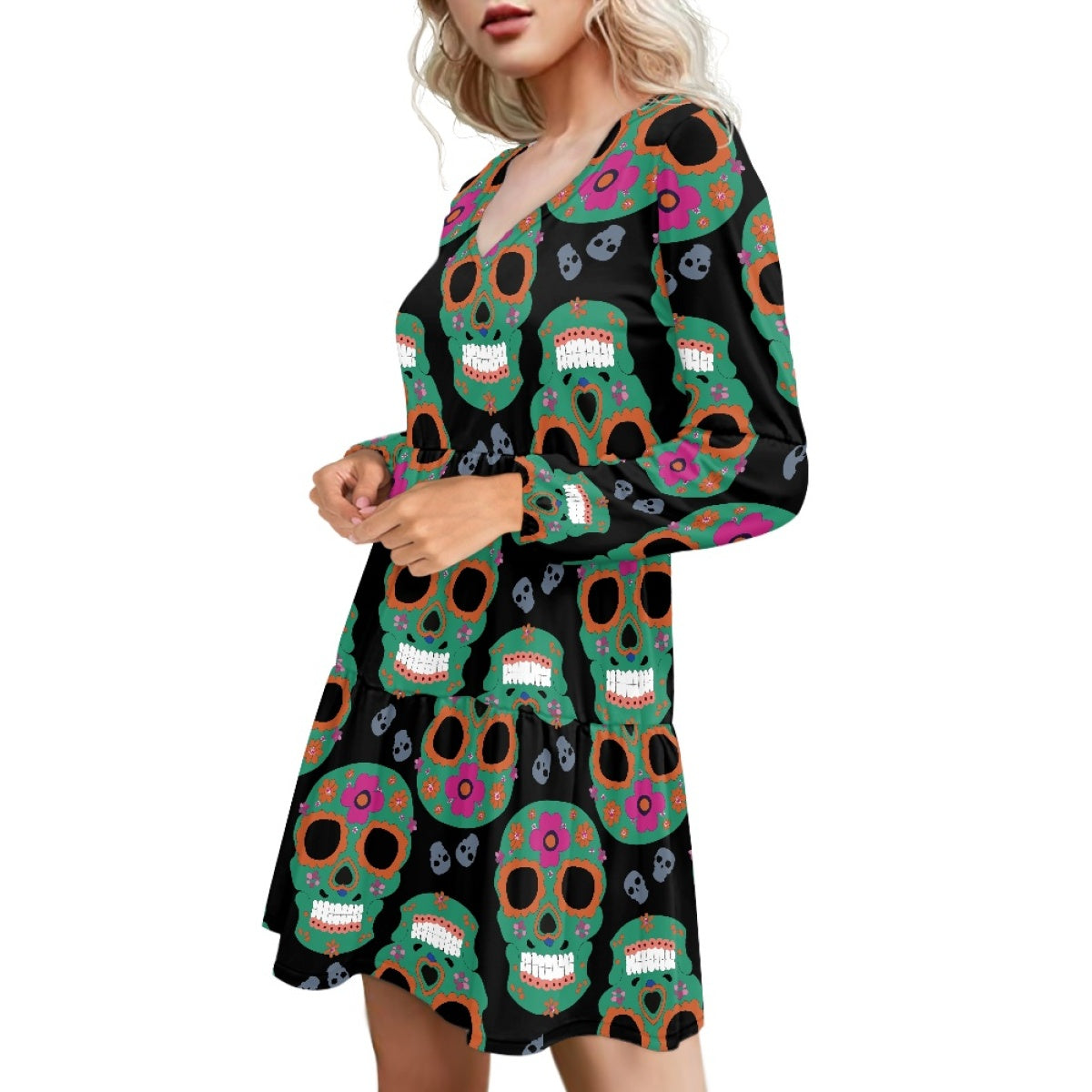 Skull Long Sleeve Dress with Black Background