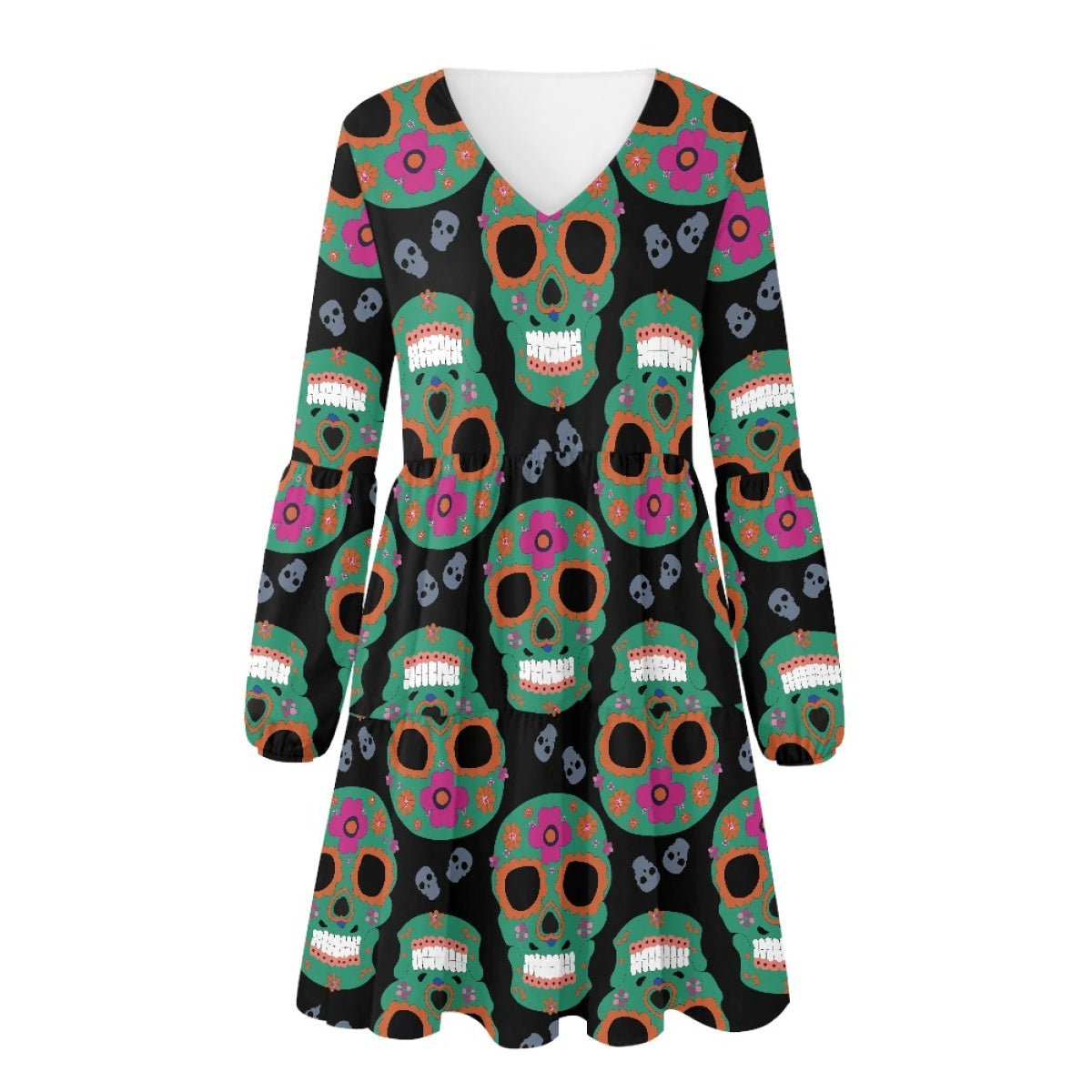 Skull Long Sleeve Dress with Black Background