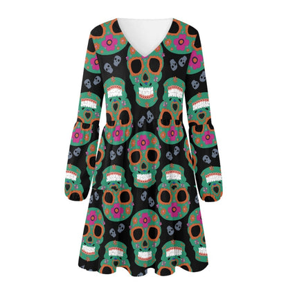 Skull Long Sleeve Dress with Black Background