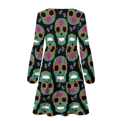 Skull Long Sleeve Dress with Black Background