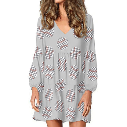 Plaid Baseball Long Sleeve Dress with Gray Background