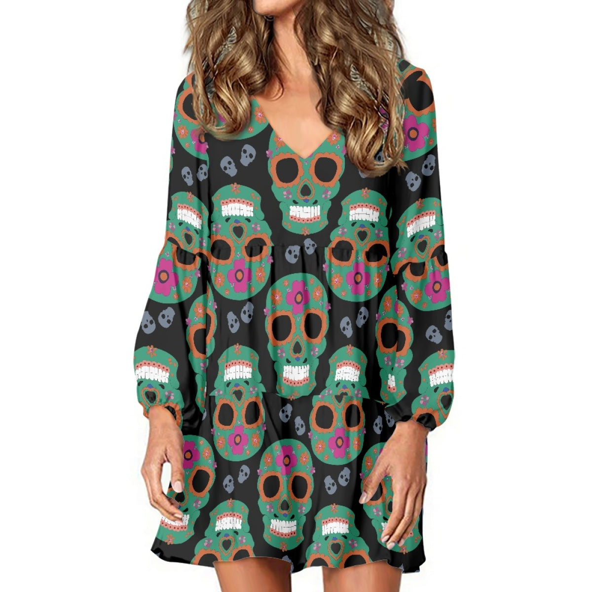 Skull Long Sleeve Dress with Black Background