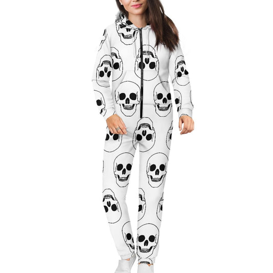 White Upside Down Skull Hooded Long Sleeve Bodysuit