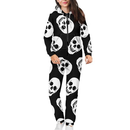 Black Slanted Skull Hooded Long Sleeve Bodysuit