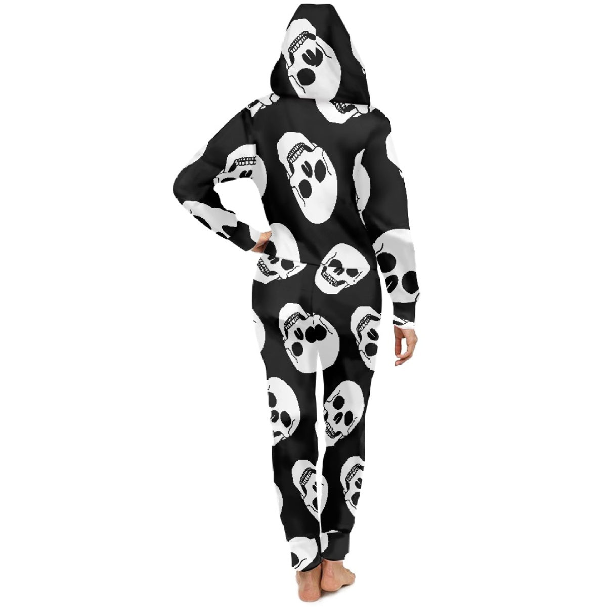 Black Slanted Skull Hooded Long Sleeve Bodysuit