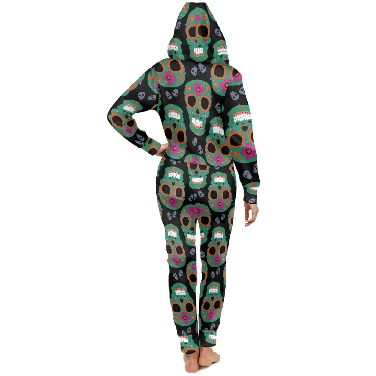 Floral Skull Hooded Long Sleeve Bodysuit on Black Background