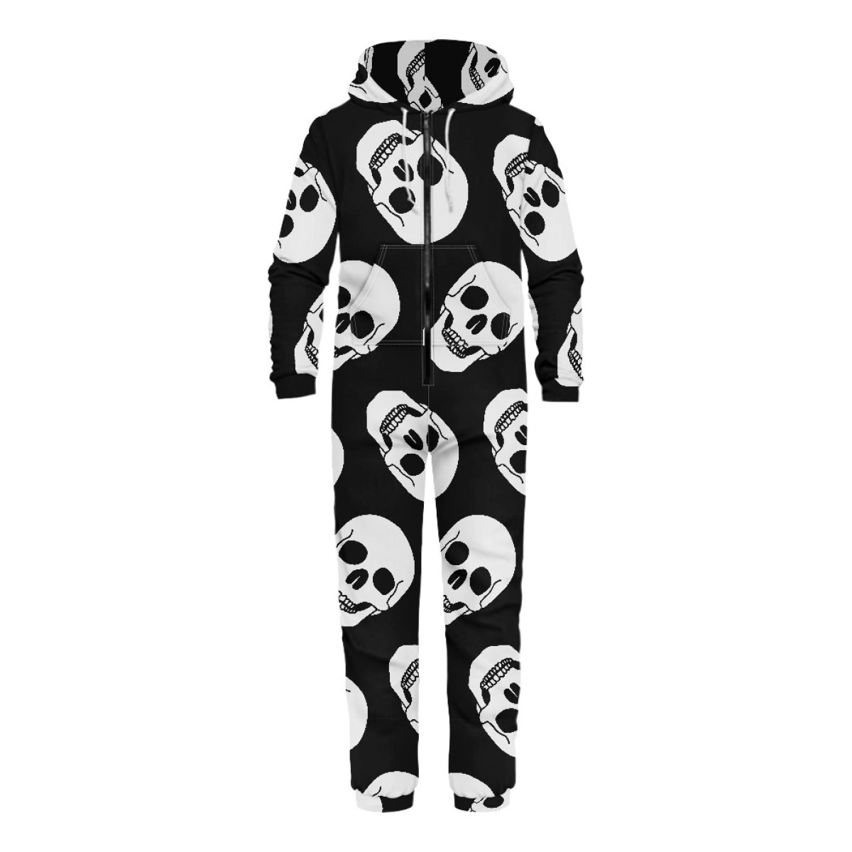 Black Slanted Skull Hooded Long Sleeve Bodysuit