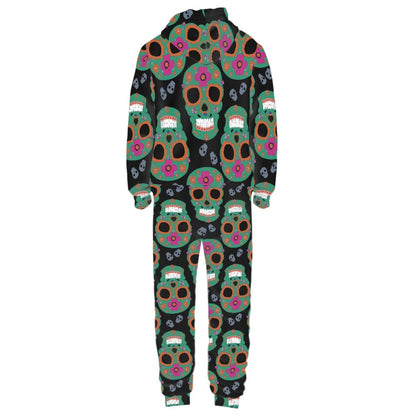 Floral Skull Hooded Long Sleeve Bodysuit on Black Background