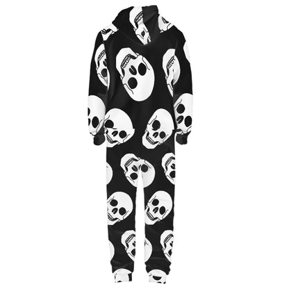 Black Slanted Skull Hooded Long Sleeve Bodysuit