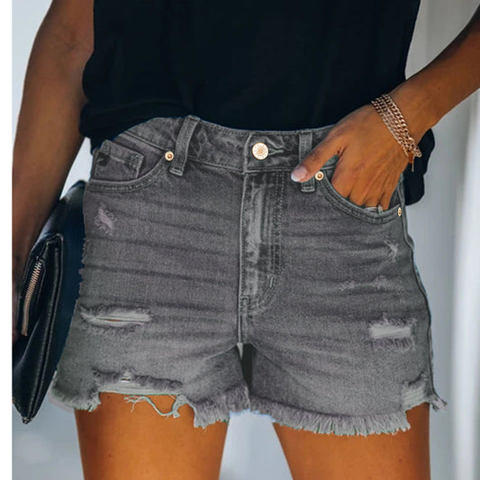 High Rise Distressed Stretch Denim Shorts Women Grey