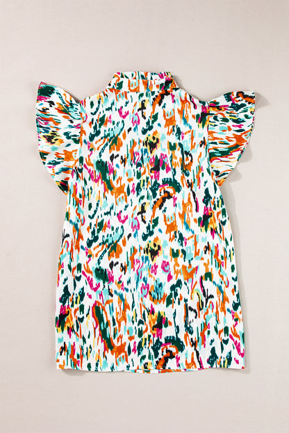 Abstract Print Flutter Sleeve Casual V Neck Blouse Top