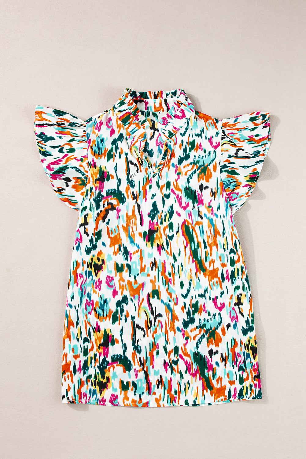 Abstract Print Flutter Sleeve Casual V Neck Blouse Top