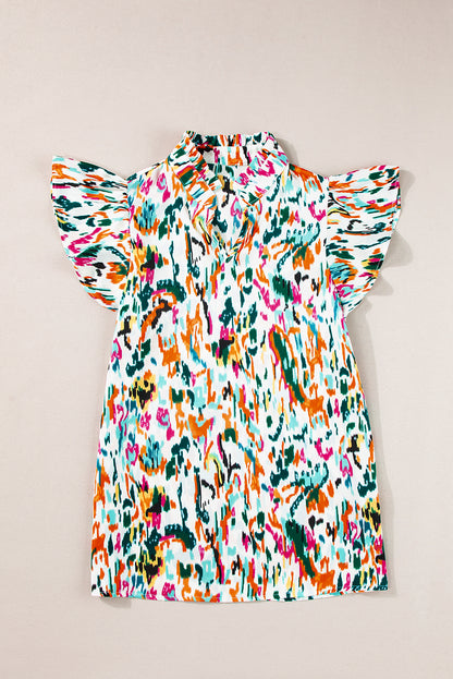 Abstract Print Flutter Sleeve Casual V Neck Blouse Top