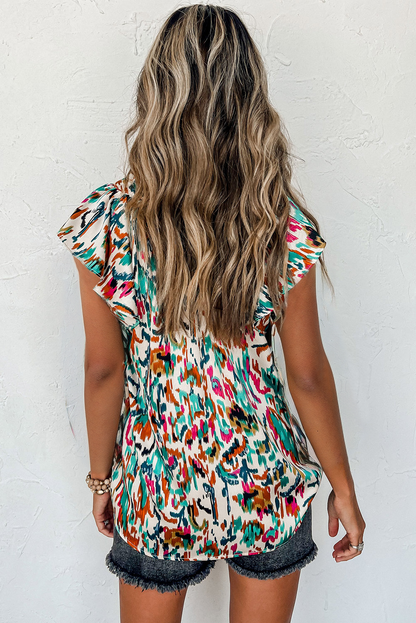 Abstract Print Flutter Sleeve Casual V Neck Blouse Top