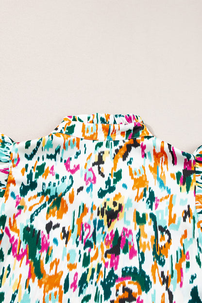 Abstract Print Flutter Sleeve Casual V Neck Blouse Top