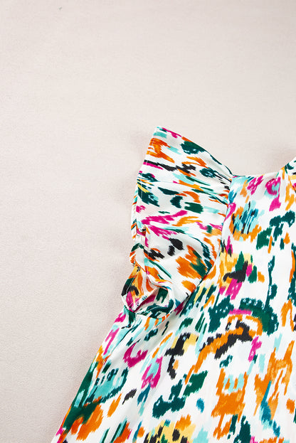 Abstract Print Flutter Sleeve Casual V Neck Blouse Top