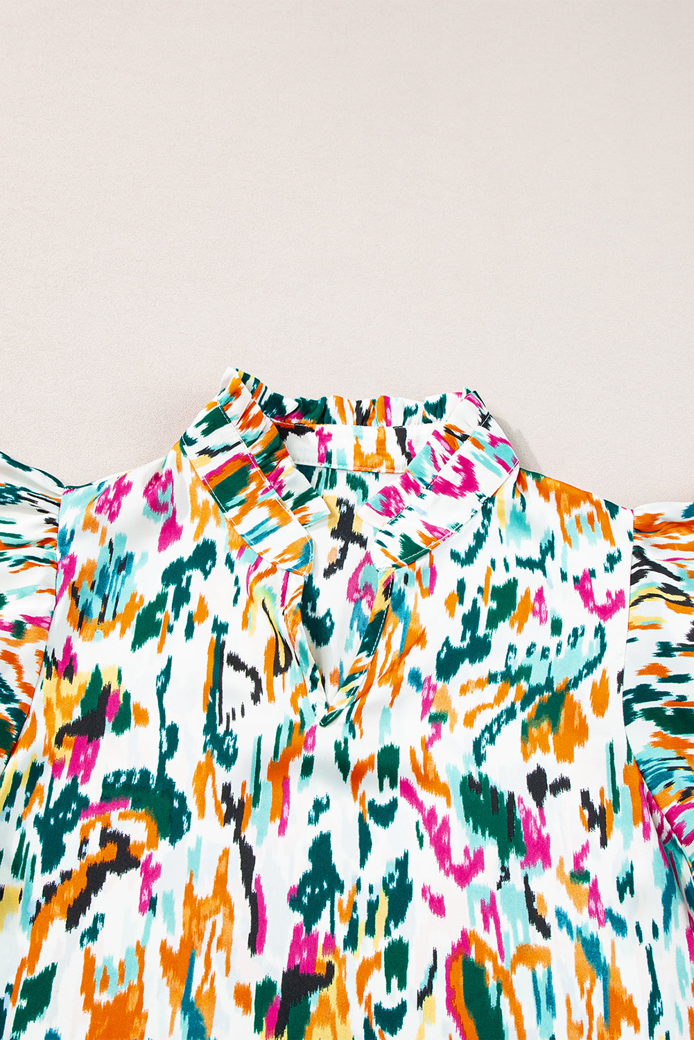 Abstract Print Flutter Sleeve Casual V Neck Blouse Top