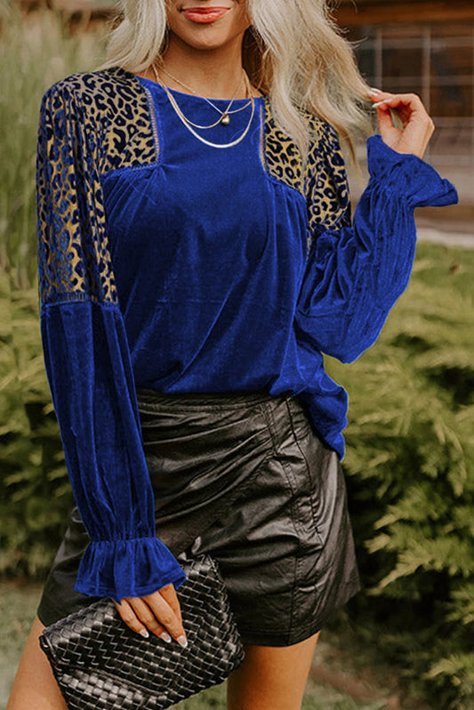Sky Blue Leopard Patchwork Shoulder Flounce Sleeve Velvet Blouse