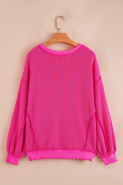 Strawberry Pink Twisted Ribbed Texture Merry Christmas Sequin Letter Graphic Top