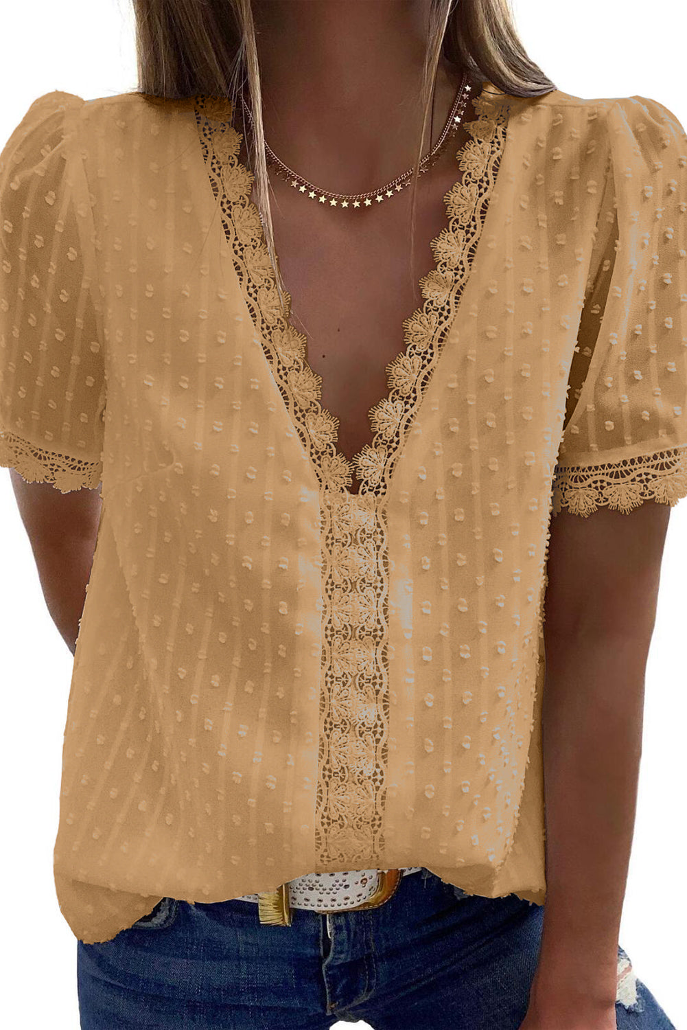 Summer Sexy V-Neck Lace Dot Lace Blouse Casual T-Shirt