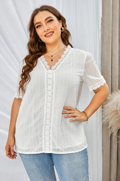 Summer Sexy V-Neck Lace Dot Lace Blouse Casual T-Shirt