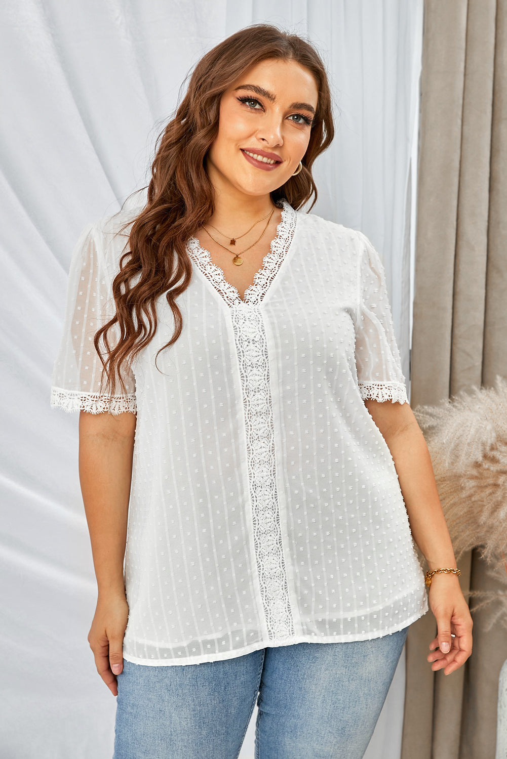 Summer Sexy V-Neck Lace Dot Lace Blouse Casual T-Shirt