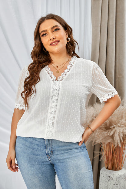 Summer Sexy V-Neck Lace Dot Lace Blouse Casual T-Shirt