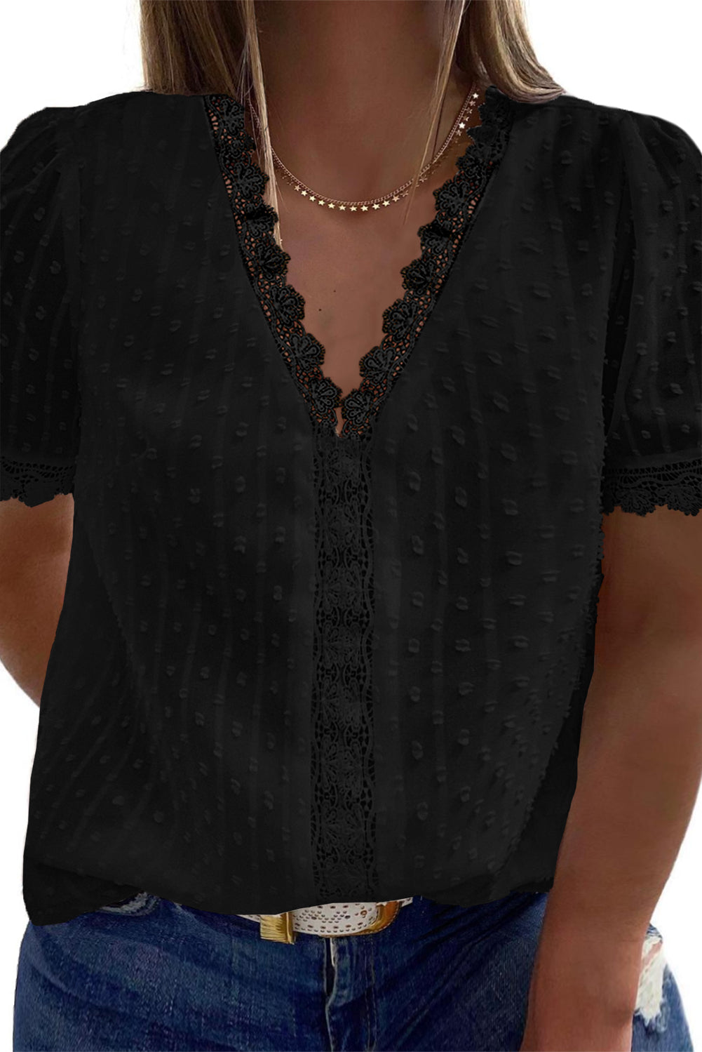 Summer Sexy V-Neck Lace Dot Lace Blouse Casual T-Shirt